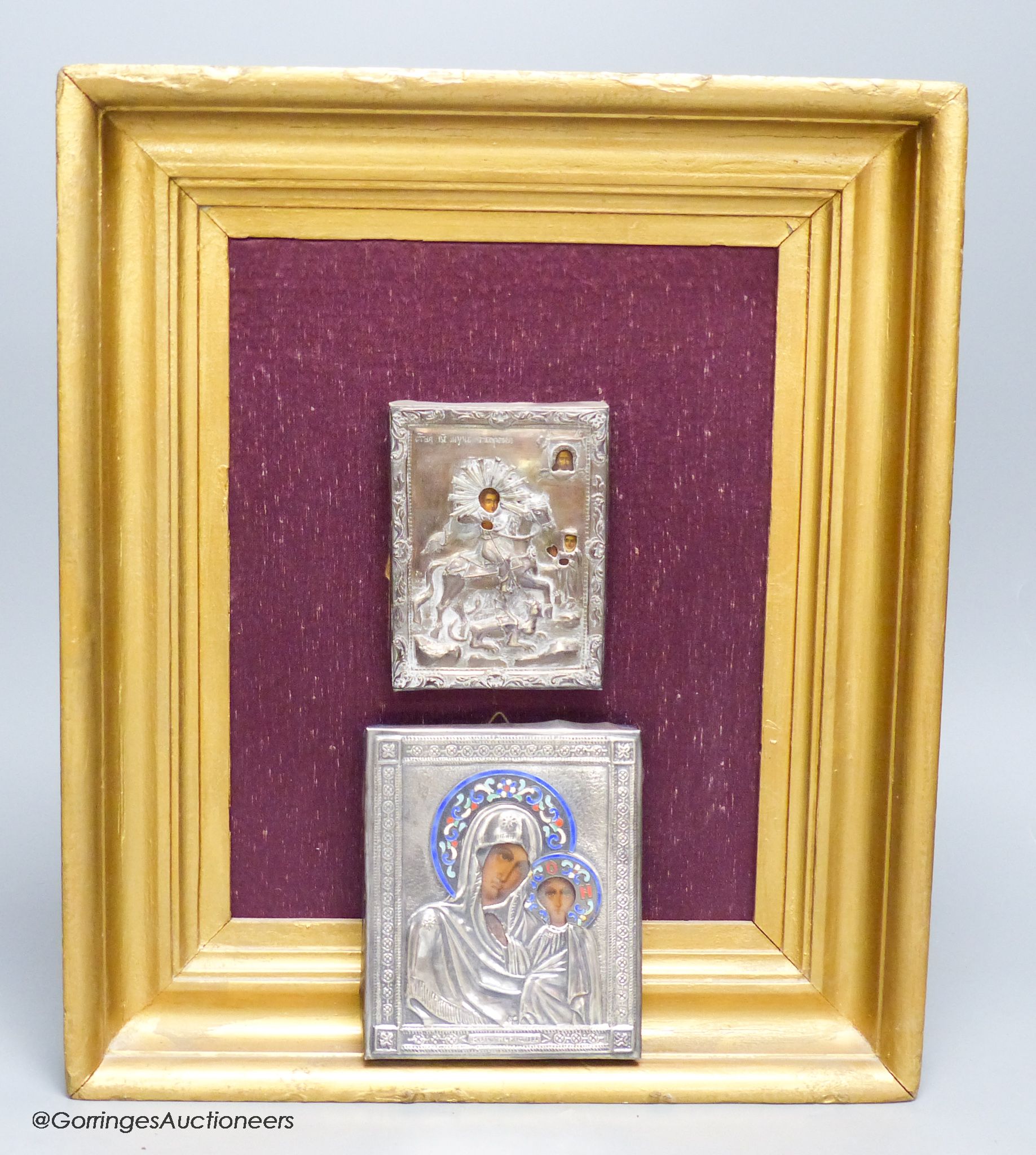 A Greek and Russian icon, largest 13 x 11cm, with white metal oklads